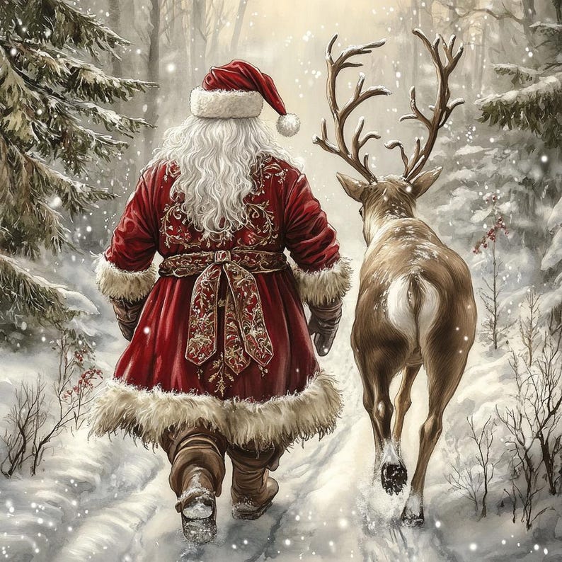 May include: A depiction of Santa Claus wearing a red coat with gold embroidery and white fur trim, accompanied by a reindeer walking through a snowy forest. Santa has a long white beard and a red hat, while the reindeer has large antlers.