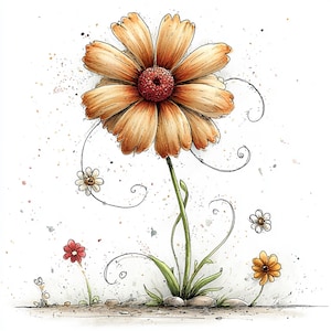 Peut inclure: Illustration &agrave; l'aquarelle d'une grande marguerite orange avec un centre rouge, une tige verte et de plus petites fleurs. L'&oelig;uvre pr&eacute;sente des d&eacute;tails d&eacute;licats, notamment des vrilles et un aspect textur&eacute;, sur fond blanc avec de subtiles &eacute;claboussures de peinture. Le th&egrave;me est floral et fantaisiste.