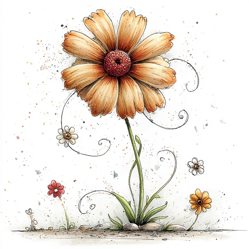 Peut inclure: Illustration &agrave; l'aquarelle d'une grande marguerite orange avec un centre rouge, une tige verte et de plus petites fleurs. L'&oelig;uvre pr&eacute;sente des d&eacute;tails d&eacute;licats, notamment des vrilles et un aspect textur&eacute;, sur fond blanc avec de subtiles &eacute;claboussures de peinture. Le th&egrave;me est floral et fantaisiste.