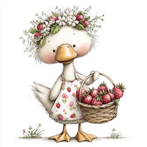 May include: A charming cartoon goose wearing a floral crown and apron, holding a basket filled with ripe strawberries. The goose has a yellow beak and feet, with a white body and pink cheeks. The apron features a strawberry and floral pattern.