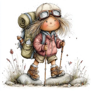 May include: A watercolor illustration of a cartoon hiker with a backpack, hiking boots, and trekking poles. The hiker wears a pink jacket, khaki shorts, and a cap with goggles. The background features grass, flowers, and butterflies.