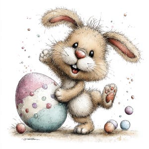 Puede incluir: Ilustración en acuarela de un conejo alegre sosteniendo un gran huevo de Pascua. El conejo es de color marrón claro con orejas largas y una nariz rosa. El huevo es de color pastel con lunares, sobre fondo blanco.