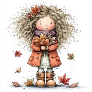 Op de afbeelding: Waterverfillustratie van een kind met krullend blond haar, gekleed in een oranje jas, een paarse sjaal en bruine laarzen. Het kind houdt een boeket herfstbladeren vast. Verspreide bladeren vallen rond het kind, wat een herfstthema creëert.