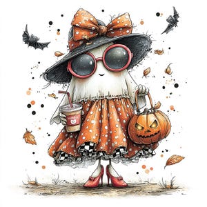 May include: A whimsical Halloween illustration of a ghost character wearing a black hat, oversized sunglasses, and an orange polka-dot dress. The ghost carries a jack-o'-lantern bag and a coffee cup. Bats and autumn leaves complete the festive scene.
