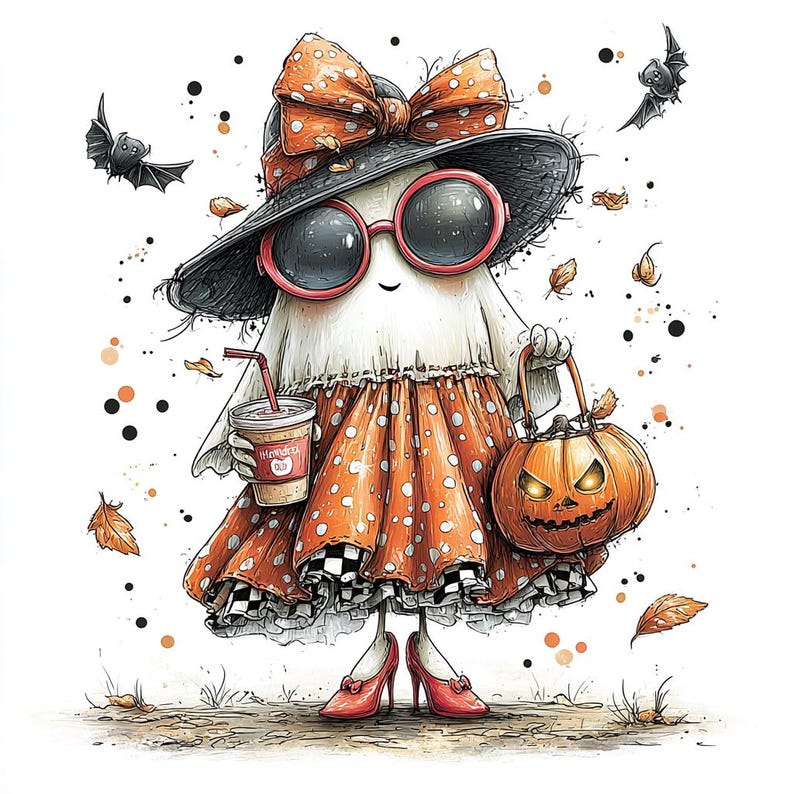 May include: A whimsical Halloween illustration of a ghost character wearing a black hat, oversized sunglasses, and an orange polka-dot dress. The ghost carries a jack-o'-lantern bag and a coffee cup. Bats and autumn leaves complete the festive scene.