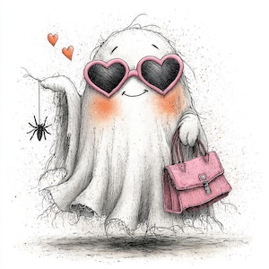May include: A whimsical illustration of a ghost wearing heart-shaped sunglasses and holding a pink purse. A spider hangs from a string, and two small hearts float above the ghost's head. The ghost has rosy cheeks and a smiling expression.