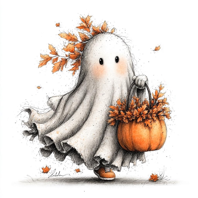 May include: A whimsical illustration of a ghost wearing a white sheet, adorned with autumn leaves. The ghost carries an orange pumpkin basket filled with leaves and wears orange sneakers. The artwork has a hand-drawn style, perfect for Halloween.