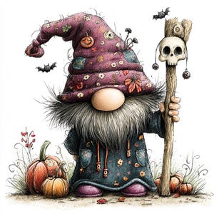 May include: A whimsical gnome illustration featuring a tall purple hat decorated with small pumpkins and flowers, a long gray beard, and a dark blue tunic. The gnome holds a wooden staff topped with a skull and stands beside several orange pumpkins.