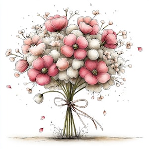 Peut inclure: Illustration &agrave; l'aquarelle d'un bouquet de fleurs roses et blanches nou&eacute; avec un ruban marron. Le bouquet pr&eacute;sente de grandes fleurs roses avec des centres fonc&eacute;s, entour&eacute;es de petites fleurs blanches et roses. Les tiges sont vertes, et le fond est blanc.