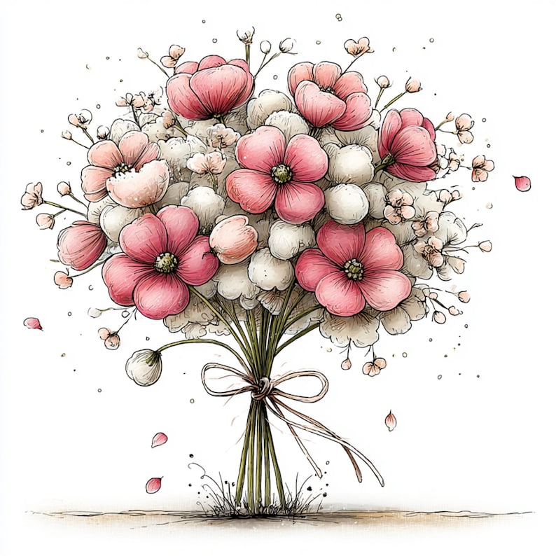 Peut inclure: Illustration &agrave; l'aquarelle d'un bouquet de fleurs roses et blanches nou&eacute; avec un ruban marron. Le bouquet pr&eacute;sente de grandes fleurs roses avec des centres fonc&eacute;s, entour&eacute;es de petites fleurs blanches et roses. Les tiges sont vertes, et le fond est blanc.