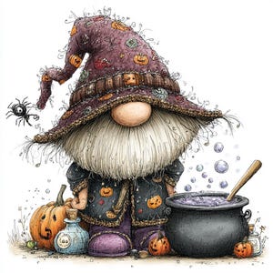 May include: A gnome illustration wearing a purple hat with pumpkin patterns, a long white beard, and a dark jacket with pumpkins. The gnome stands beside a black cauldron with a wooden spoon, a blue potion bottle, and several orange pumpkins.
