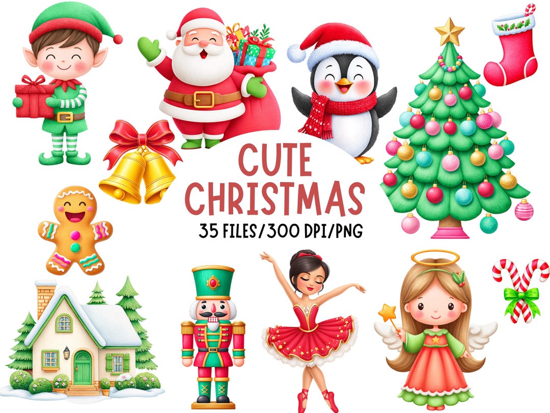 Cute Christmas Clipart - Watercolor - Kawaii Png - Santa - Snowman ...