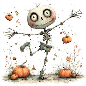 May include: Watercolor illustration of a whimsical skeleton with a large head, wide eyes, and a cheerful expression. The skeleton is surrounded by orange pumpkins, fall foliage, and a few butterflies, creating a Halloween or autumn theme.