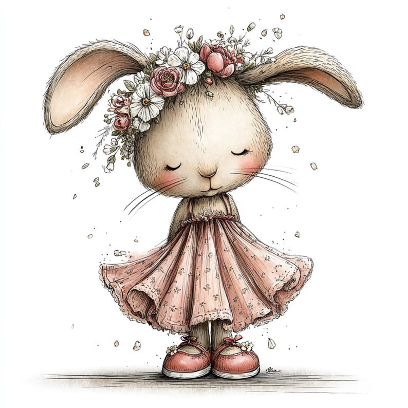 May include: A watercolor illustration of a bunny wearing a floral crown and a pink dress. The bunny has closed eyes, rosy cheeks, and is wearing pink shoes. The image has a soft, whimsical feel, perfect for children's decor or Easter-themed items.