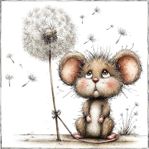 May include: A charming illustration of a mouse looking up at a dandelion. The mouse has big ears, a pink nose, and a fluffy brown coat. Dandelion seeds drift in the air, creating a whimsical, nature-themed image.