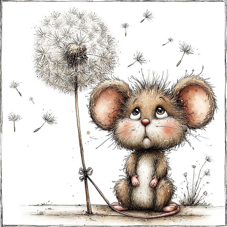 May include: A charming illustration of a mouse looking up at a dandelion. The mouse has big ears, a pink nose, and a fluffy brown coat. Dandelion seeds drift in the air, creating a whimsical, nature-themed image.