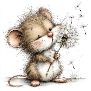 May include: A whimsical illustration of a mouse with brown and white fur, a pink nose, and rosy cheeks, holding a dandelion. The dandelion is white, with seeds floating away. The artwork is detailed and has a charming, storybook feel.
