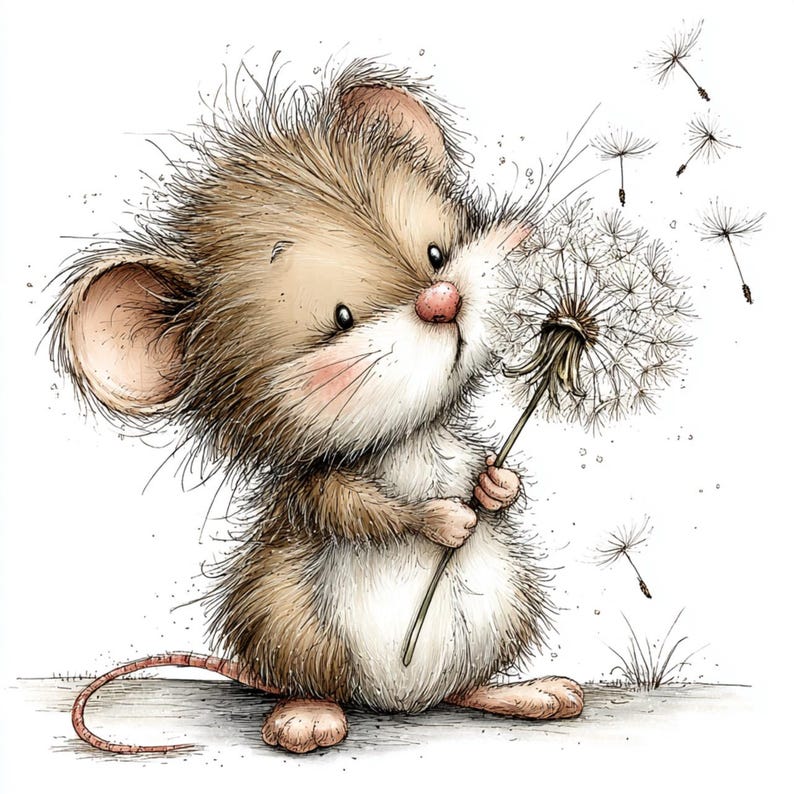 May include: A whimsical illustration of a mouse with brown and white fur, a pink nose, and rosy cheeks, holding a dandelion. The dandelion is white, with seeds floating away. The artwork is detailed and has a charming, storybook feel.