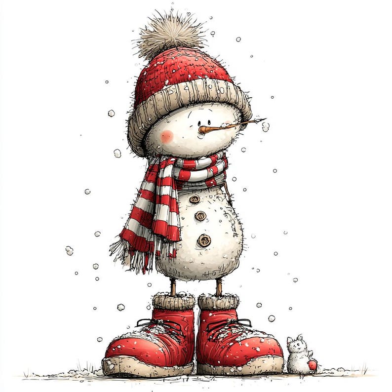 Puede incluir: Ilustraci&oacute;n de un mu&ntilde;eco de nieve. El mu&ntilde;eco de nieve lleva un gorro rojo con pomp&oacute;n, una bufanda a rayas rojas y blancas y botas rojas. Caen copos de nieve y tambi&eacute;n hay una peque&ntilde;a figura de mu&ntilde;eco de nieve.