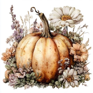 Könnte beinhalten: Aquarell-Illustration eines großen, orangefarbenen Kürbisses, umgeben von einer Auswahl an Blumen und Blättern. Die Blumen umfassen weiße, pfirsichfarbene und lavendelfarbene Blüten, die ein Herbstthema schaffen. Der Kürbis hat eine strukturierte Oberfläche.