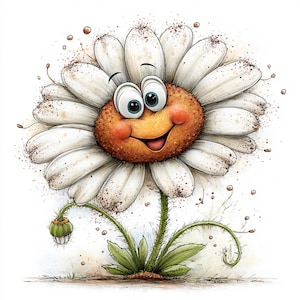 Puede incluir: Una alegre margarita de dibujos animados con pétalos blancos y un centro marrón-anaranjado sonriente. La flor tiene ojos grandes y expresivos y un tallo verde con hojas. La imagen tiene un estilo caprichoso, dibujado a mano, con motas marrones.