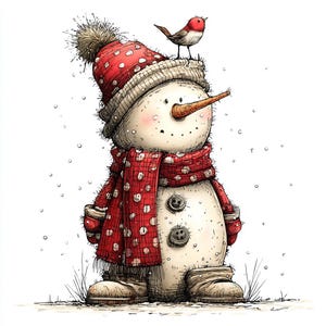 Puede incluir: Ilustraci&oacute;n de un mu&ntilde;eco de nieve. El mu&ntilde;eco de nieve lleva un gorro rojo con lunares blancos, una bufanda y guantes a juego. Un peque&ntilde;o p&aacute;jaro est&aacute; posado en el sombrero. El mu&ntilde;eco de nieve tiene una nariz de zanahoria, ojos de bot&oacute;n y boca de bot&oacute;n. Caen copos de nieve.