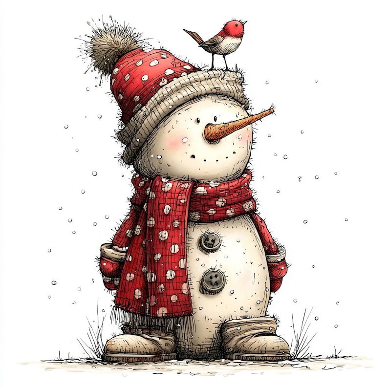 Puede incluir: Ilustraci&oacute;n de un mu&ntilde;eco de nieve. El mu&ntilde;eco de nieve lleva un gorro rojo con lunares blancos, una bufanda y guantes a juego. Un peque&ntilde;o p&aacute;jaro est&aacute; posado en el sombrero. El mu&ntilde;eco de nieve tiene una nariz de zanahoria, ojos de bot&oacute;n y boca de bot&oacute;n. Caen copos de nieve.