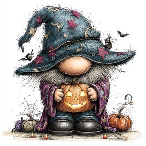May include: A gnome illustration wearing a blue wizard hat with pink stars and a purple robe, holding a glowing orange jack-o'-lantern. The character has a long gray beard and black boots, surrounded by small pumpkins, bats, and a spider web.