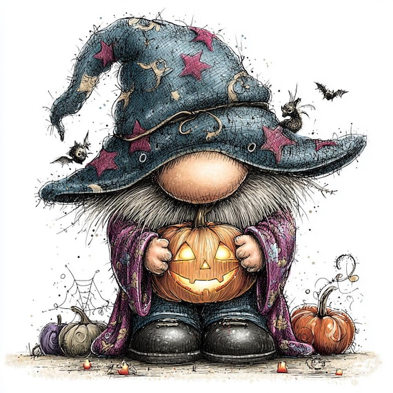 55 JPG Whimsical Halloween Gnome Clipart, Spooky Gnome Art with Pumpkin and Costume, Commercial Use JPG
