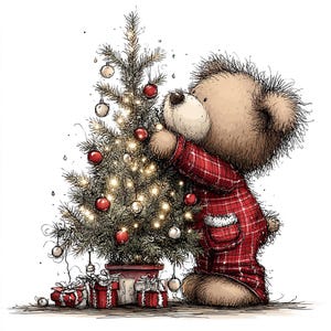 K&ouml;nnte beinhalten: Eine Illustration eines Teddyb&auml;ren in rot karierten Pyjamas, der einen Weihnachtsbaum schm&uuml;ckt. Der Baum ist mit roten und wei&szlig;en Kugeln und Lichterketten geschm&uuml;ckt. Mehrere verpackte Geschenke befinden sich am Fu&szlig;e des Baumes und schaffen eine festliche Urlaubsszene.