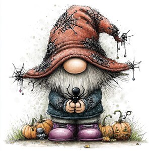 May include: A gnome illustration wearing a large, rust-colored hat covered in black spiderwebs. The gnome has a long white beard, a blue sweater, and purple boots, holding a black spider. Several orange pumpkins sit at the gnome's feet.