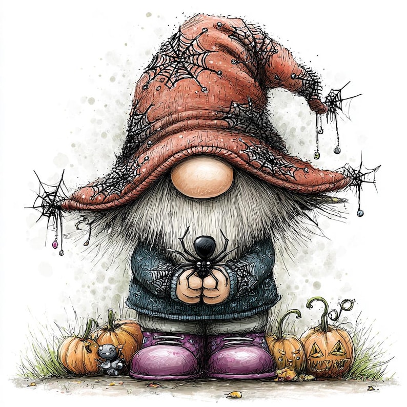 May include: A gnome illustration wearing a large, rust-colored hat covered in black spiderwebs. The gnome has a long white beard, a blue sweater, and purple boots, holding a black spider. Several orange pumpkins sit at the gnome's feet.