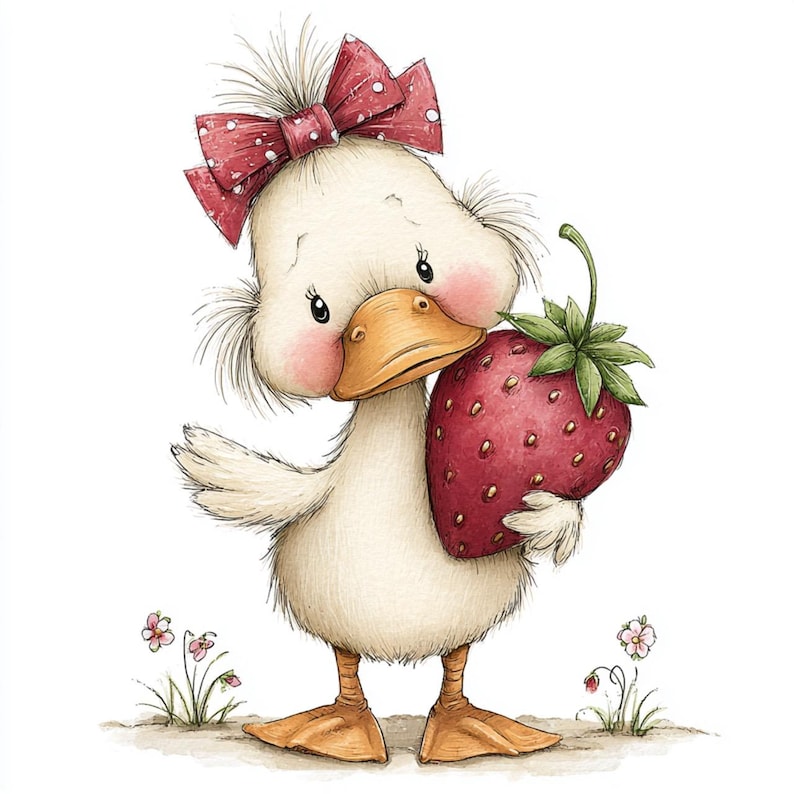 May include: A charming illustration of a duckling holding a large strawberry. The duckling has white feathers, a yellow beak and feet, and rosy cheeks. It wears a red bow with white polka dots. The strawberry is red with green leaves. Small flowers are in the background.