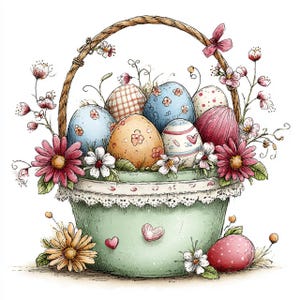 May include: A watercolour illustration of an Easter basket filled with decorated eggs. The light green basket has a lace trim and is overflowing with colourful eggs, flowers, and a pink bow. The eggs are painted with various patterns and colours, including blue, pink, and orange.