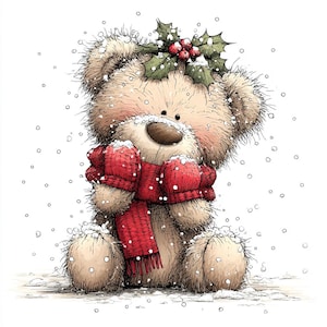 K&ouml;nnte beinhalten: Illustration eines Teddyb&auml;ren in einer Schneelandschaft. Der B&auml;r tr&auml;gt einen roten Schal und F&auml;ustlinge und hat einen Stechpalmenzweig auf dem Kopf. Der B&auml;r ist hellbraun mit einer dunkelbraunen Nase, mit fallenden Schneeflocken.