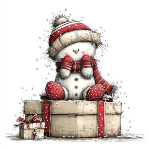 Puede incluir: Ilustraci&oacute;n caprichosa de un mu&ntilde;eco de nieve con gorro, bufanda y mitones a rayas rojas y blancas. El mu&ntilde;eco de nieve est&aacute; sentado en una gran caja de regalo con una cinta roja y una caja de regalo m&aacute;s peque&ntilde;a.