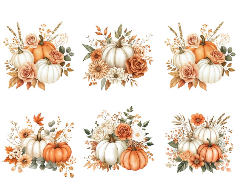 Watercolor Pumpkin & Floral Clipart Bundle: Autumn PNG Graphics ...