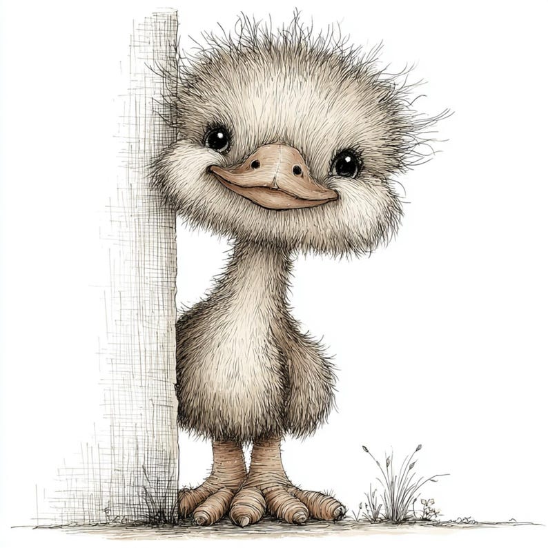 May include: A whimsical illustration of a fluffy, light brown ostrich chick peeking from behind a tree trunk. The chick has a large, smiling beak, big black eyes, and detailed feather textures. The artwork is in a soft, sketched style, with subtle shading and fine lines.