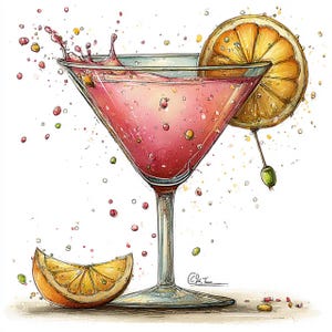 May include: A watercolor illustration of a pink cocktail in a martini glass, garnished with an orange slice and an olive. The drink is splashing, with droplets and colorful specks around the glass. A slice of orange rests on the side.