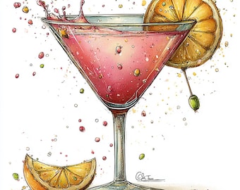 May include: A watercolor illustration of a pink cocktail in a martini glass, garnished with an orange slice and an olive. The drink is splashing, with droplets and colorful specks around the glass. A slice of orange rests on the side.
