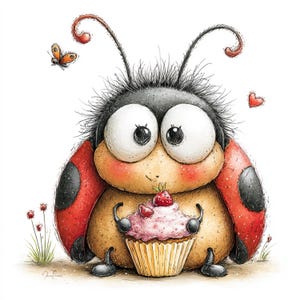 Peut inclure: Illustration fantaisiste d'une coccinelle de dessin anim&eacute; tenant un cupcake aux fraises. La coccinelle a de grands yeux expressifs, des ailes rouges et noires, sur fond blanc. Un petit papillon et un c&oelig;ur sont &eacute;galement pr&eacute;sents.