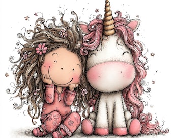 45 JPG Girl & Unicorn Clipart, Whimsical Nursery Graphics, Cute Kids Art Illustration, Digital Download