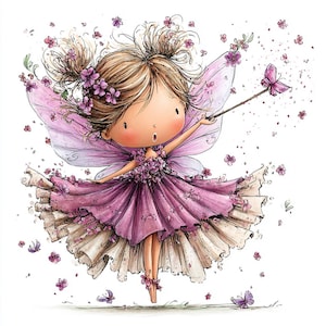 Puede incluir: Ilustración caprichosa de un hada con cabello castaño recogido en dos moños, vestida con un vestido rosa adornado con flores. Tiene alas translúcidas y sostiene una varita con una mariposa en el extremo. Flores y mariposas rosas flotan a su alrededor.