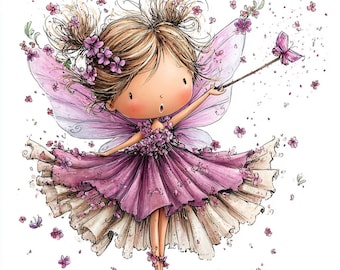 Puede incluir: Ilustración caprichosa de un hada con cabello castaño recogido en dos moños, vestida con un vestido rosa adornado con flores. Tiene alas translúcidas y sostiene una varita con una mariposa en el extremo. Flores y mariposas rosas flotan a su alrededor.