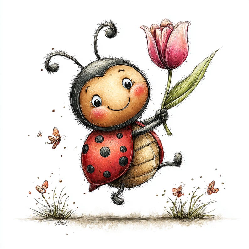 Peut inclure: Illustration fantaisiste d'une coccinelle souriante tenant une tulipe rose. La coccinelle a une carapace rouge avec des points noirs et une t&ecirc;te noire. Des papillons et des brins d'herbe sont dispers&eacute;s autour de la coccinelle, le tout sur fond blanc.