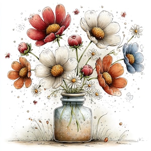 Peut inclure: Illustration &agrave; l'aquarelle d'un bouquet de fleurs dans un bocal en verre. L'arrangement comprend des fleurs rouges, blanches, oranges et bleues, avec de petites marguerites blanches. Le bocal est pos&eacute; sur une surface brun clair, avec de l'herbe et de petits d&eacute;tails.