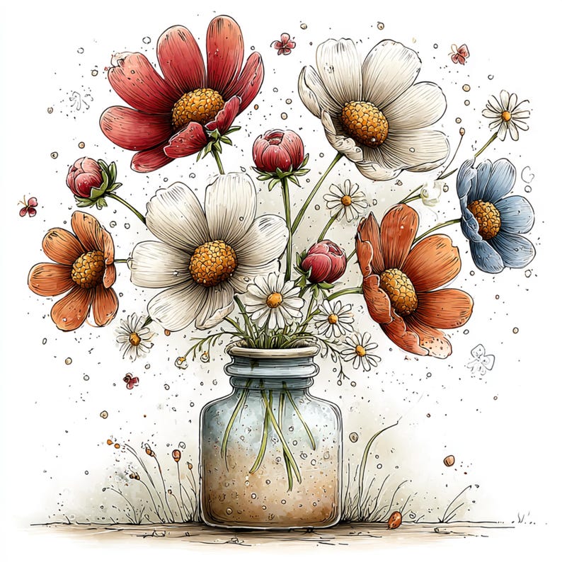 Peut inclure: Illustration &agrave; l'aquarelle d'un bouquet de fleurs dans un bocal en verre. L'arrangement comprend des fleurs rouges, blanches, oranges et bleues, avec de petites marguerites blanches. Le bocal est pos&eacute; sur une surface brun clair, avec de l'herbe et de petits d&eacute;tails.