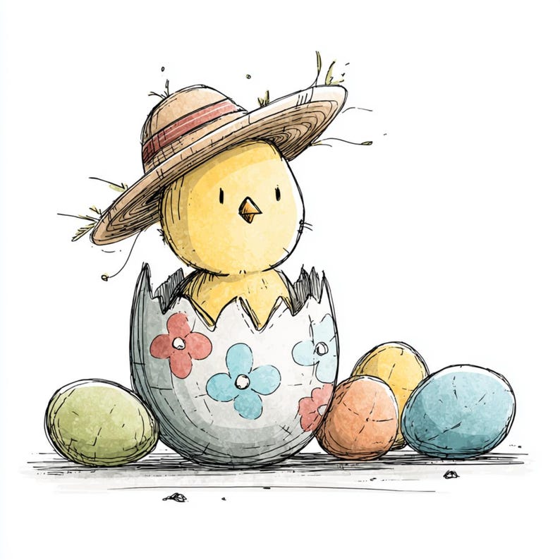 May include: A charming illustration of a yellow chick wearing a straw hat, emerging from a decorated egg. The eggshell is adorned with floral designs. Several colorful Easter eggs are scattered around the chick.