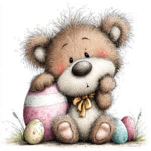 May include: A cute cartoon teddy bear with a yellow bow tie, rosy cheeks, and a large, dark nose. The bear is sitting next to a large pink Easter egg with a white stripe and two smaller decorated eggs. The image has a soft, whimsical style.