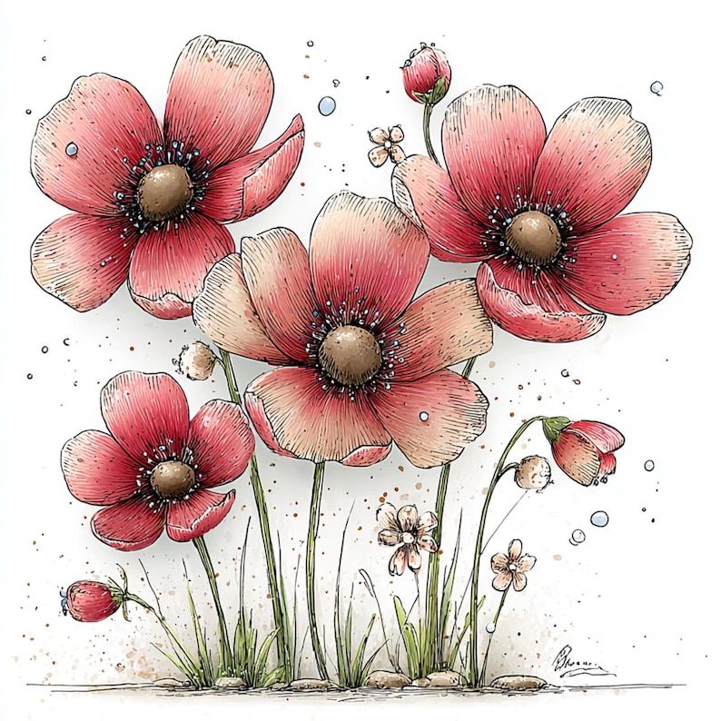 Puede incluir: Ilustraci&oacute;n de flores rosas con centros marrones y tallos verdes. Las flores tienen p&eacute;talos delicados y sombreado sutil, con una apariencia dibujada a mano. La obra de arte incluye peque&ntilde;os capullos y hierba, sobre un fondo blanco.